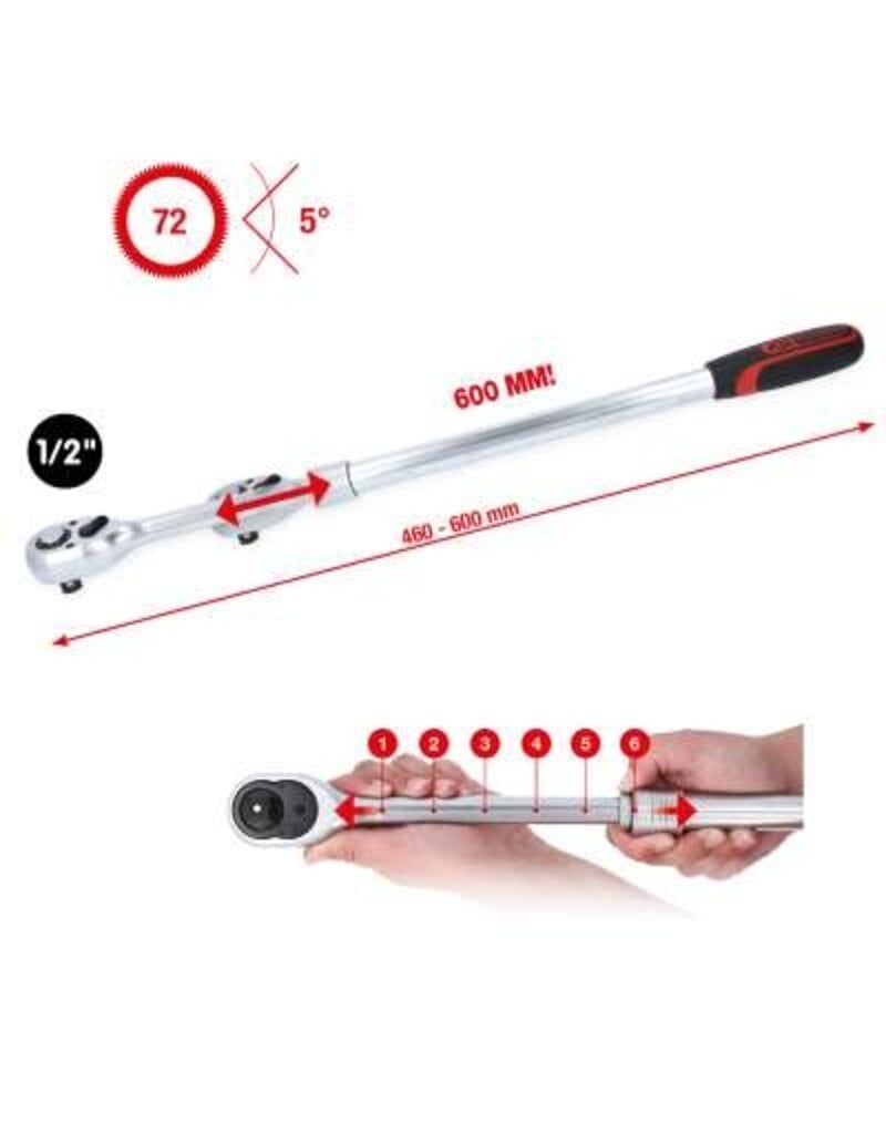 KS TOOLS 1/2" omschakelbare telescoopratel, extra lang, 72-tanden - 914.1205
