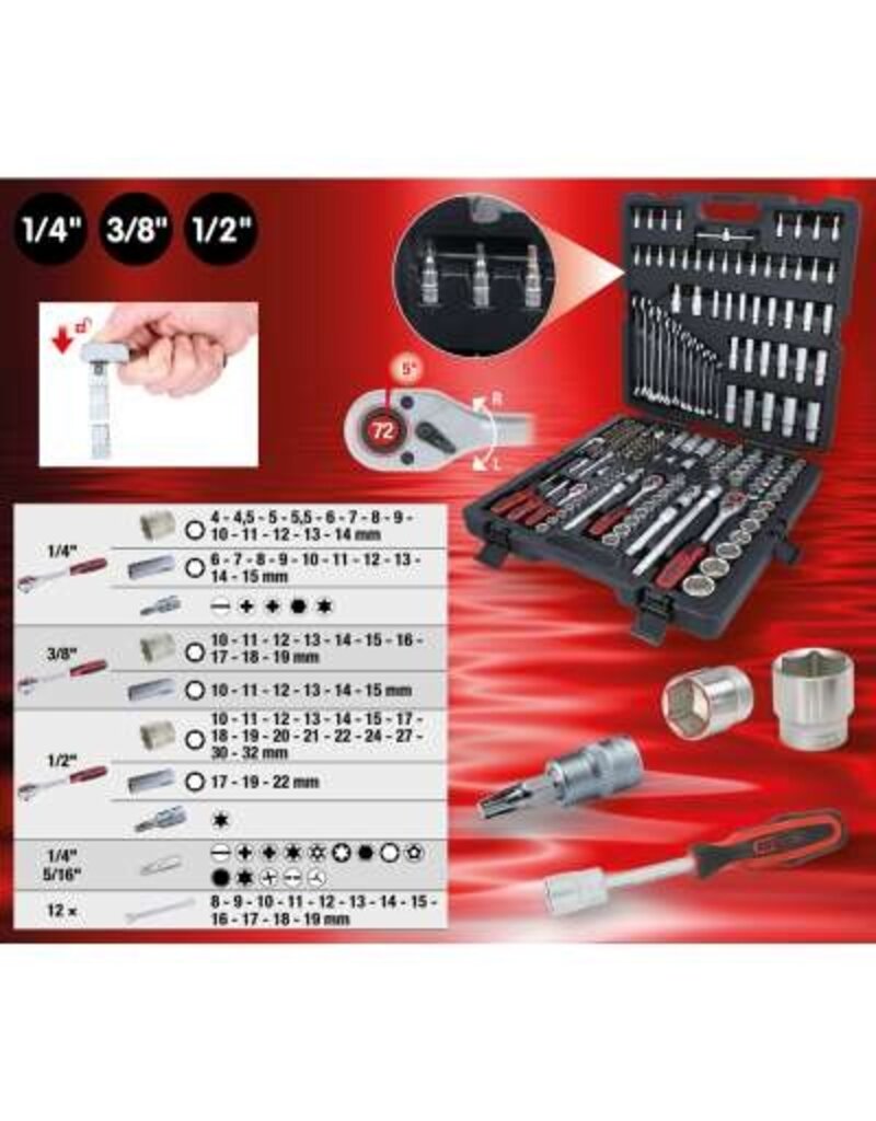 KS TOOLS 1/4"+3/8"+1/2" Dopsleutelset, 216-dlg - 917.0216
