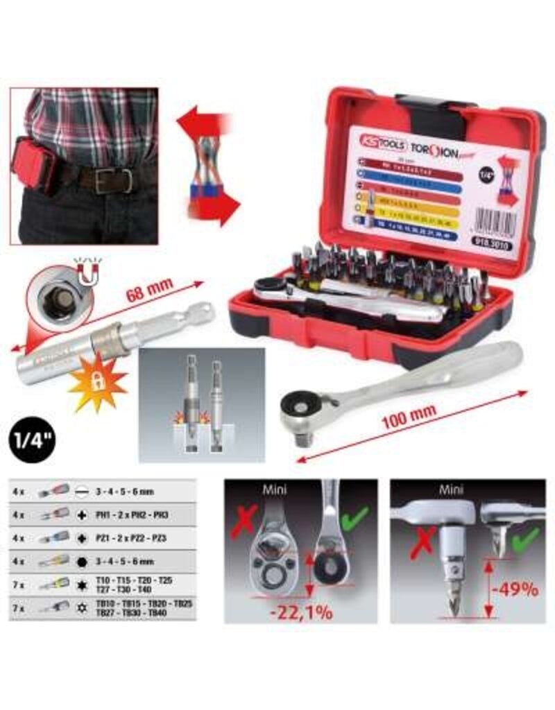 KS TOOLS 1/4" TORSIONpower Bitset, 32-dlg - 918.3010