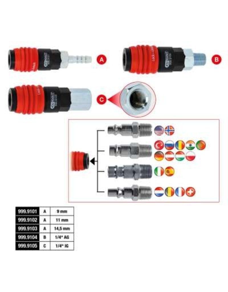 KS TOOLS 3-in-1 universele persluchtveiligheidskoppeling, 9 mm met slangtule - 999.9101