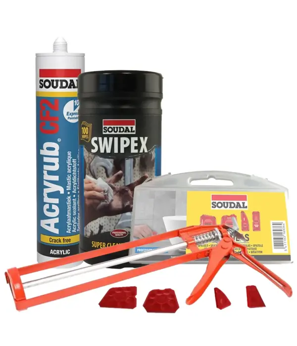 Soudal Kitset – Acryrub CF2 Wit – Inclusief Skelet Pistool Oranje, 4-delige Spatelset & Swipex Reinigingsdoekjes | Complete Afwerkset