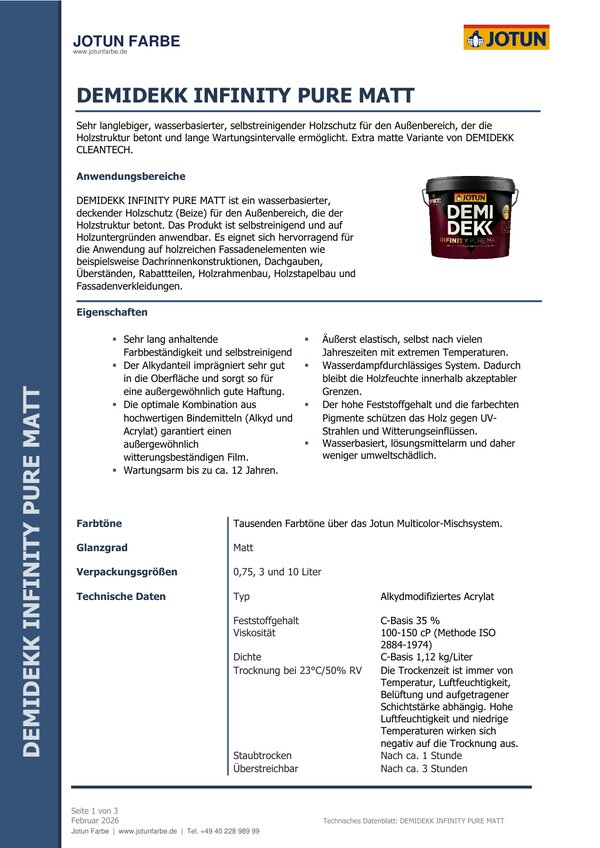 Demidekk Infinity Pure Matt — Technisches Datenblatt