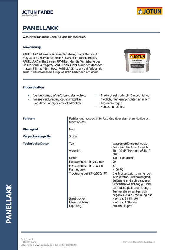 Panellakk — Technisches Datenblatt