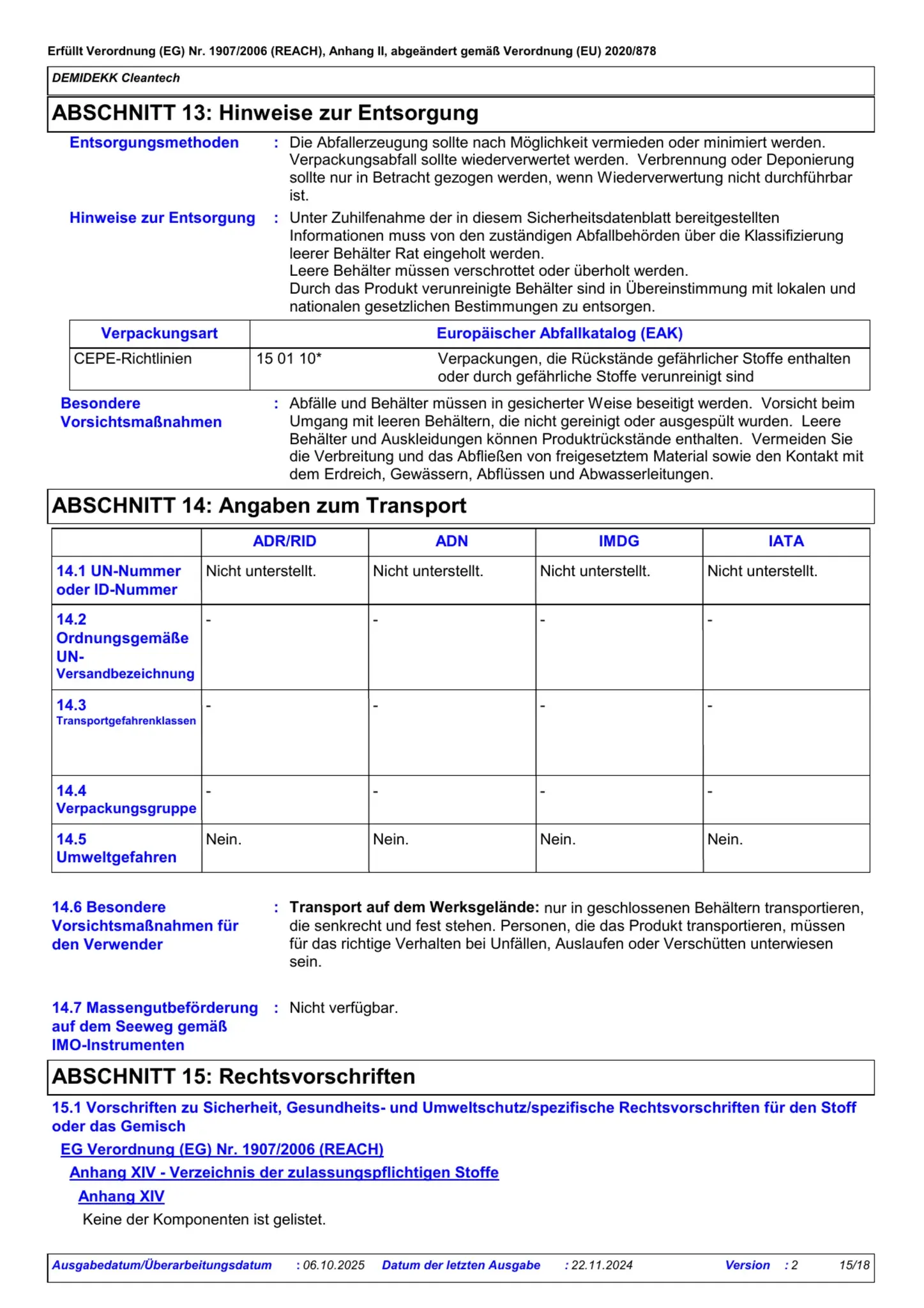 Sicherheitsdatenblatt Jotun Demidekk Cleantech Seite 15