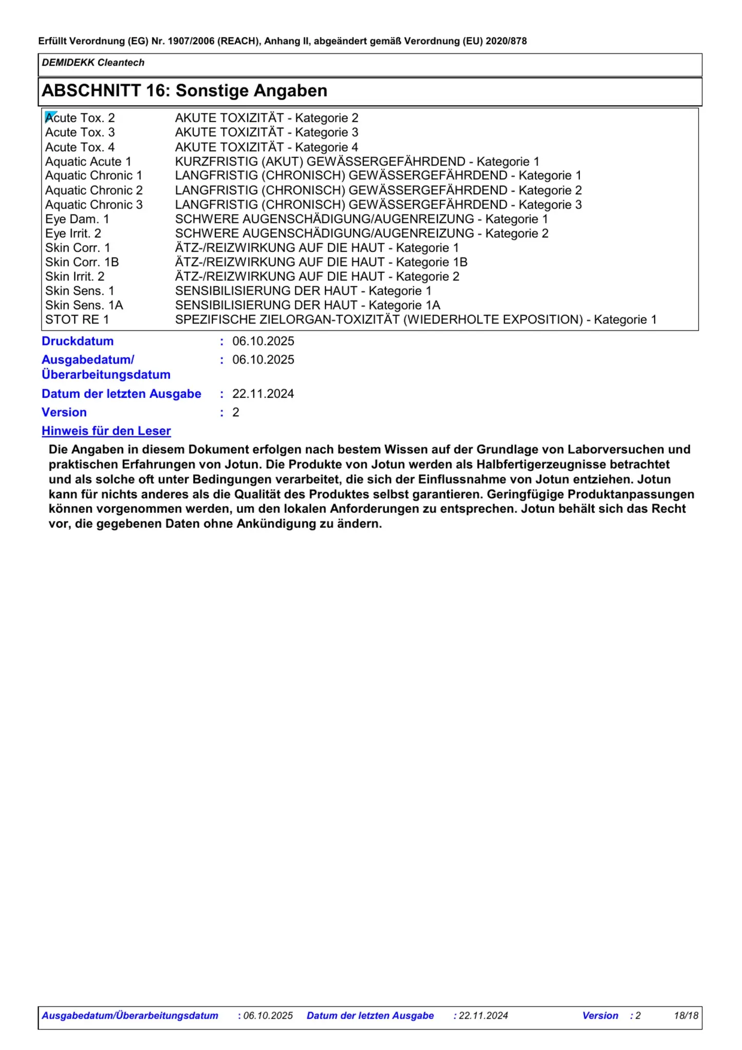 Sicherheitsdatenblatt Jotun Demidekk Cleantech Seite 18
