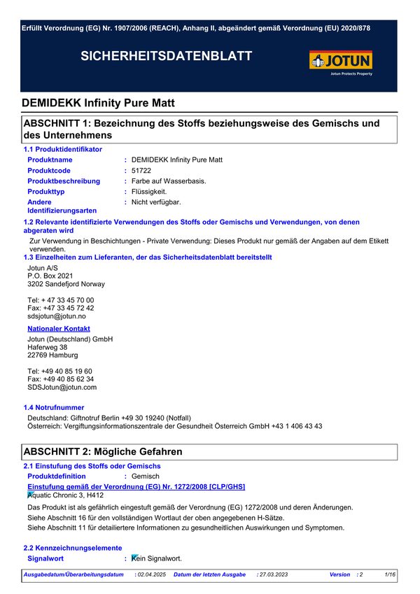 Demidekk Infinity Pure Matt — Sicherheitsdatenblatt