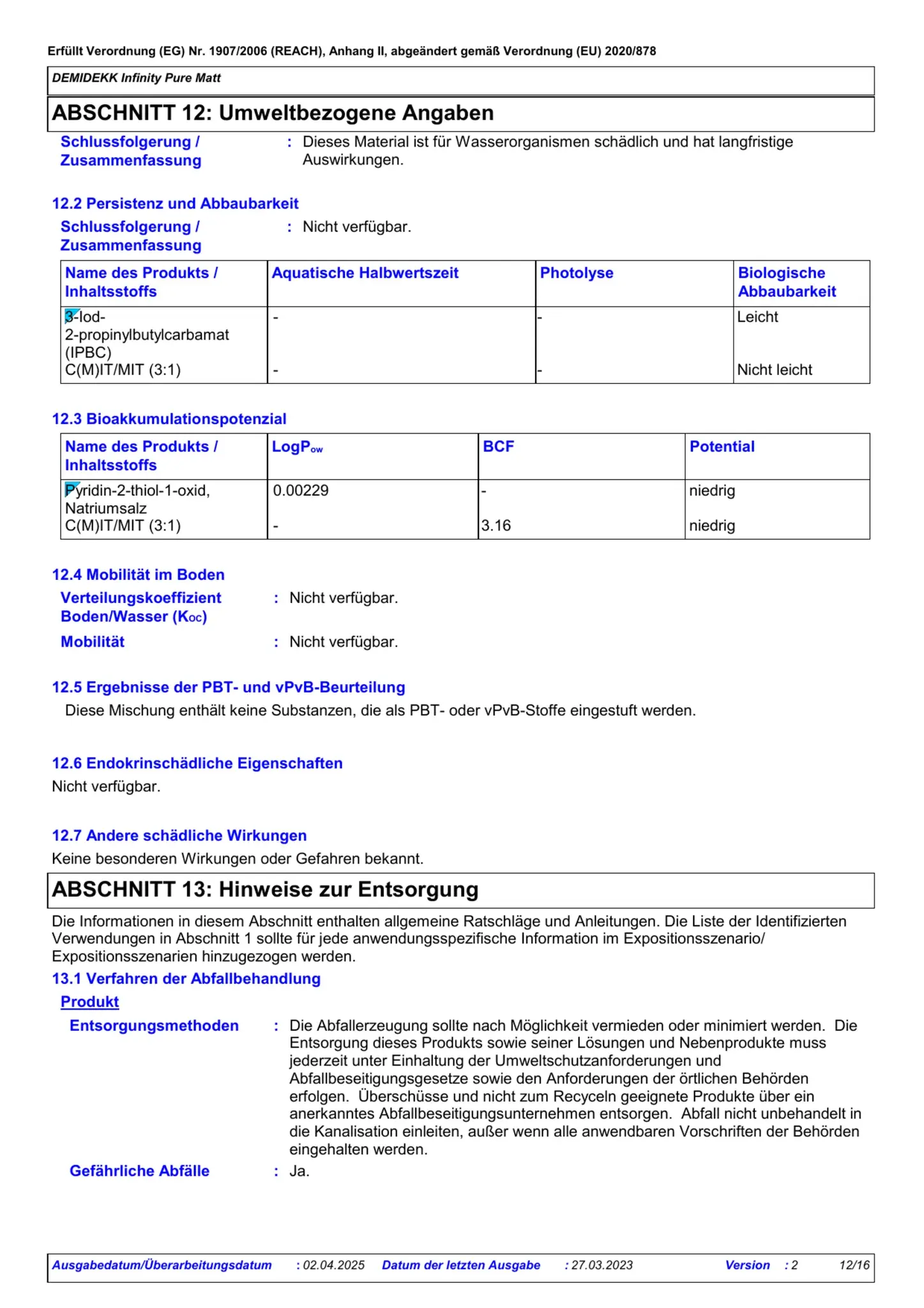 Sicherheitsdatenblatt Jotun Demidekk Infinity Pure Matt Seite 12