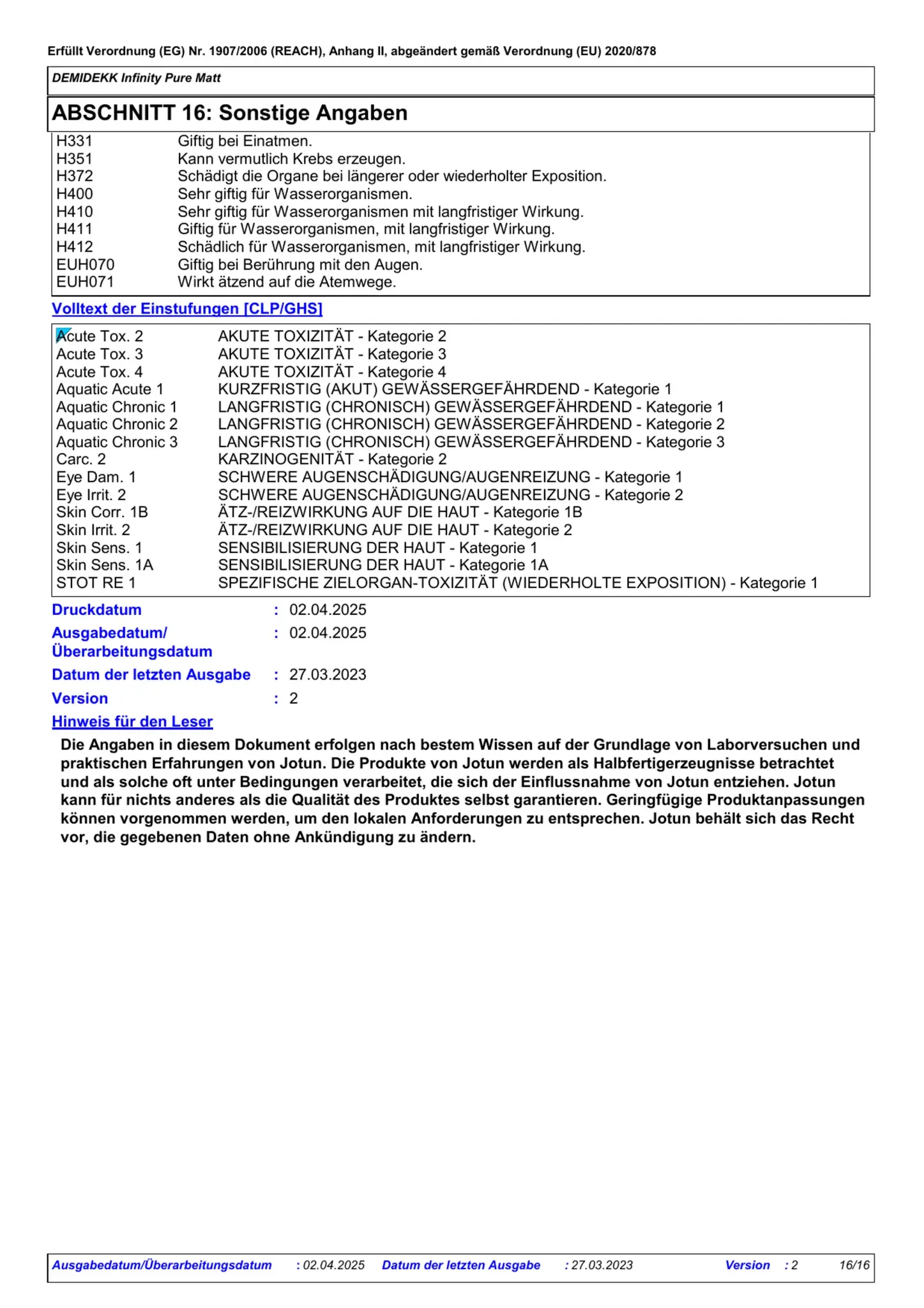 Sicherheitsdatenblatt Jotun Demidekk Infinity Pure Matt Seite 16