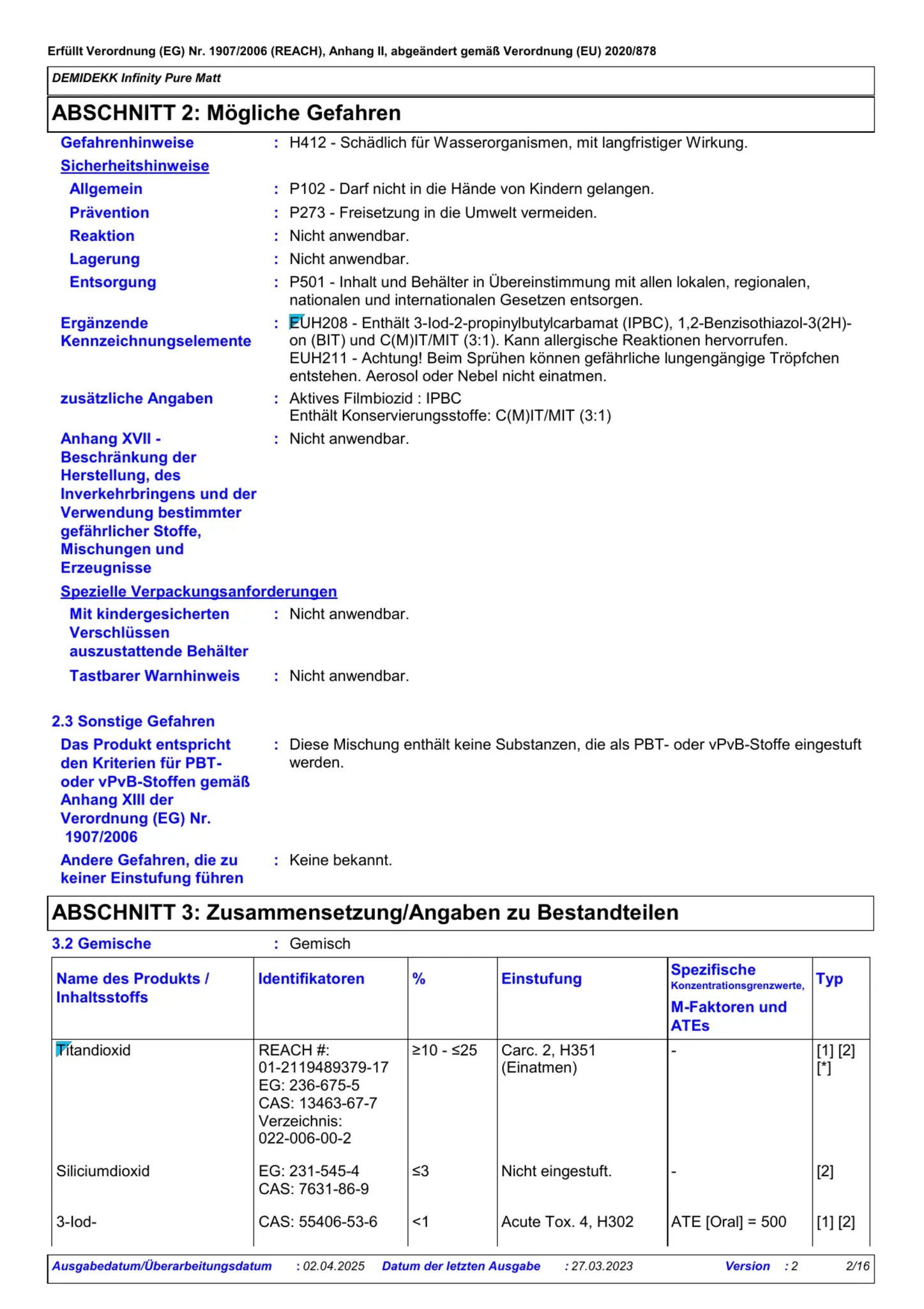Sicherheitsdatenblatt Jotun Demidekk Infinity Pure Matt Seite 2
