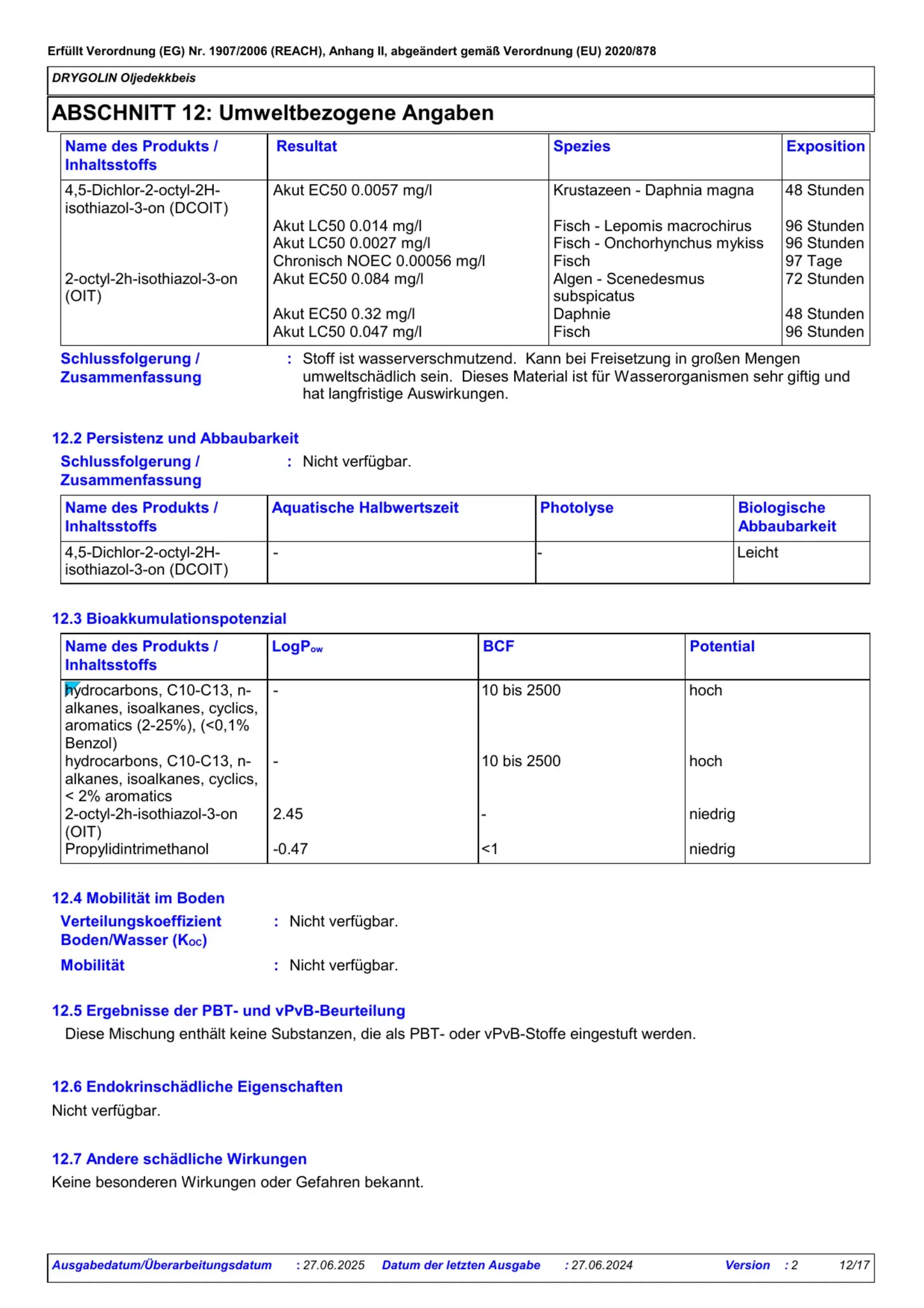Sicherheitsdatenblatt Jotun Drygolin Oljedekkbeis Seite 12