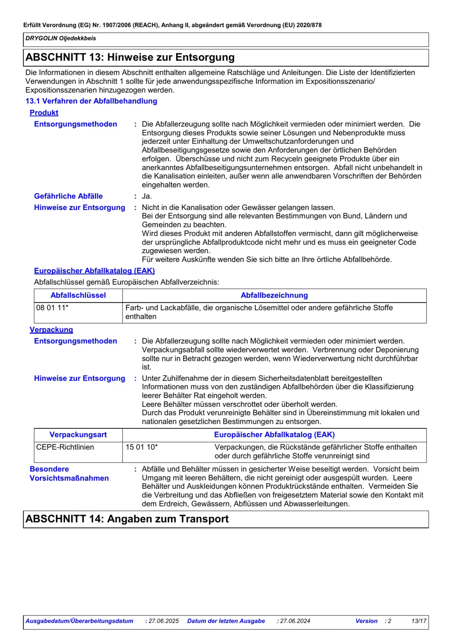 Sicherheitsdatenblatt Jotun Drygolin Oljedekkbeis Seite 13