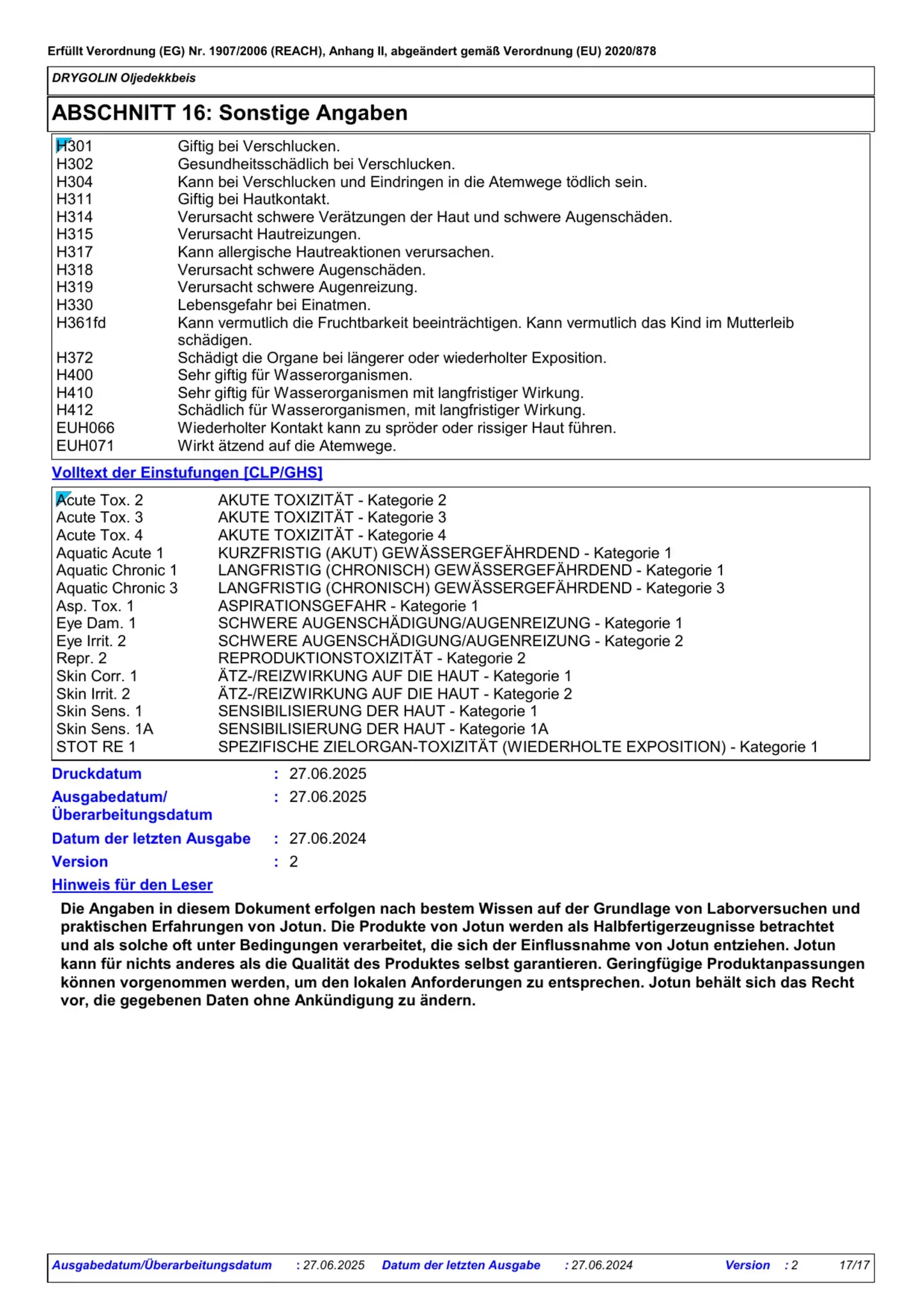 Sicherheitsdatenblatt Jotun Drygolin Oljedekkbeis Seite 17