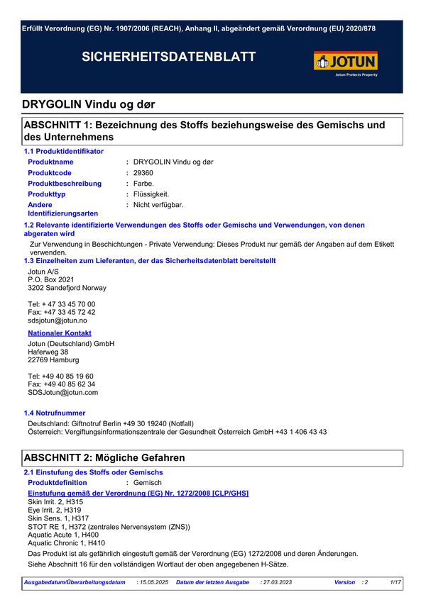Drygolin Vindu og Dør — Sicherheitsdatenblatt