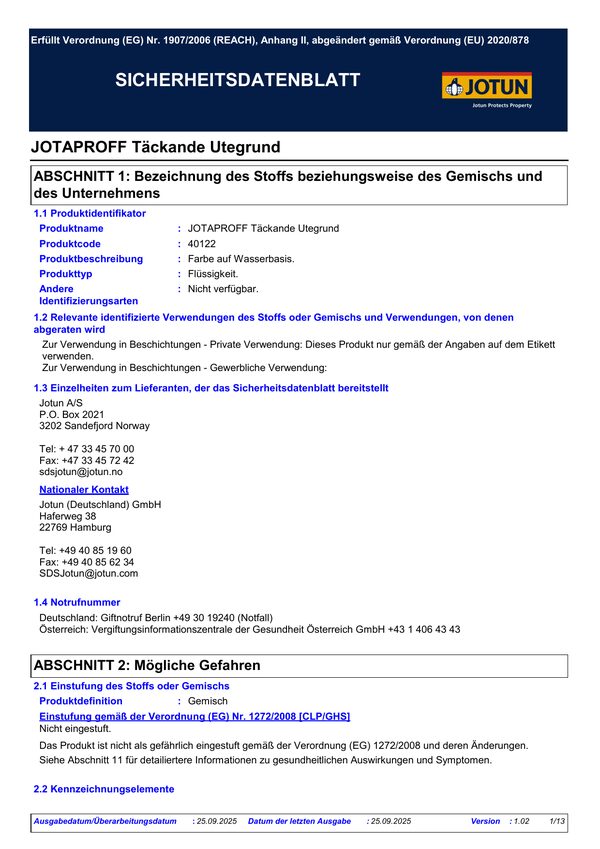 Jotaproff Täckande Utegrund — Sicherheitsdatenblatt