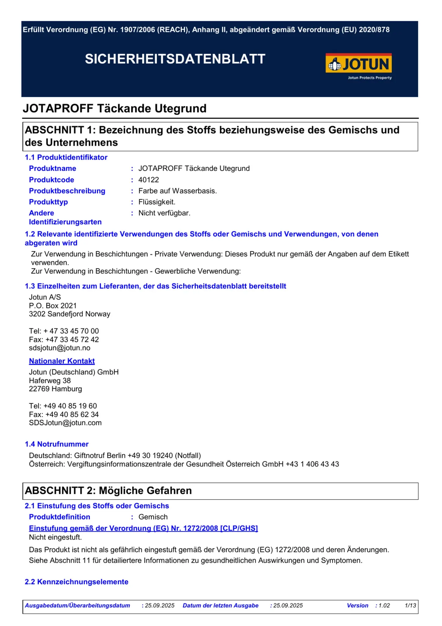 Sicherheitsdatenblatt Jotun Jotaproff Täckande Utegrund Seite 1