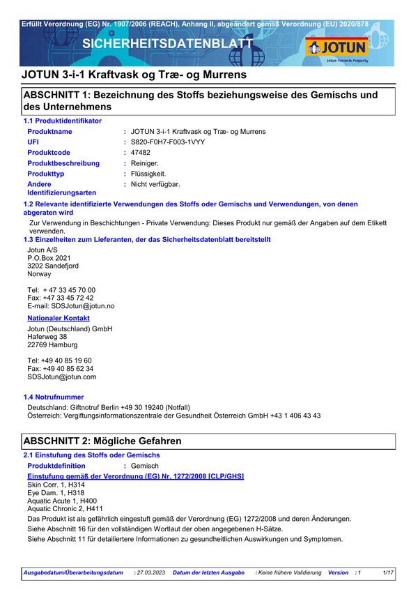 Kraftvask — Sicherheitsdatenblatt