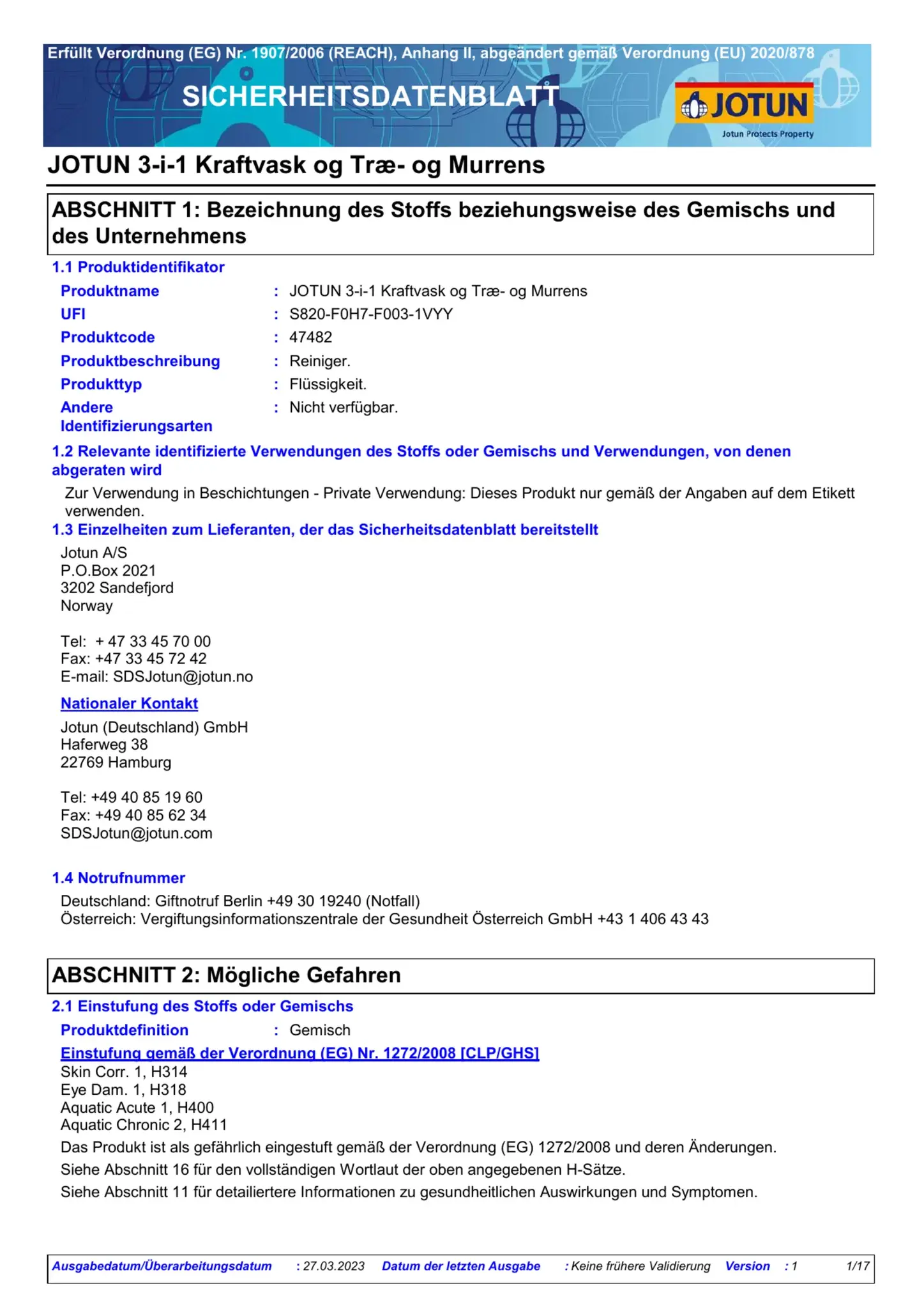 Sicherheitsdatenblatt Jotun Kraftvask Seite 1