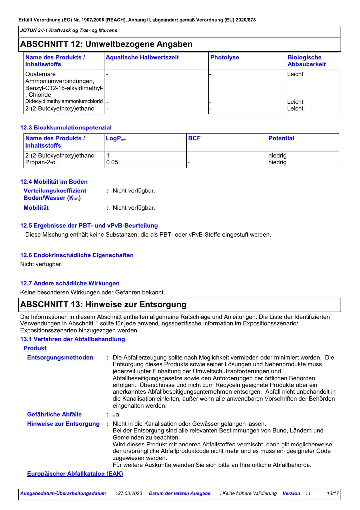 Sicherheitsdatenblatt Jotun Kraftvask Seite 13