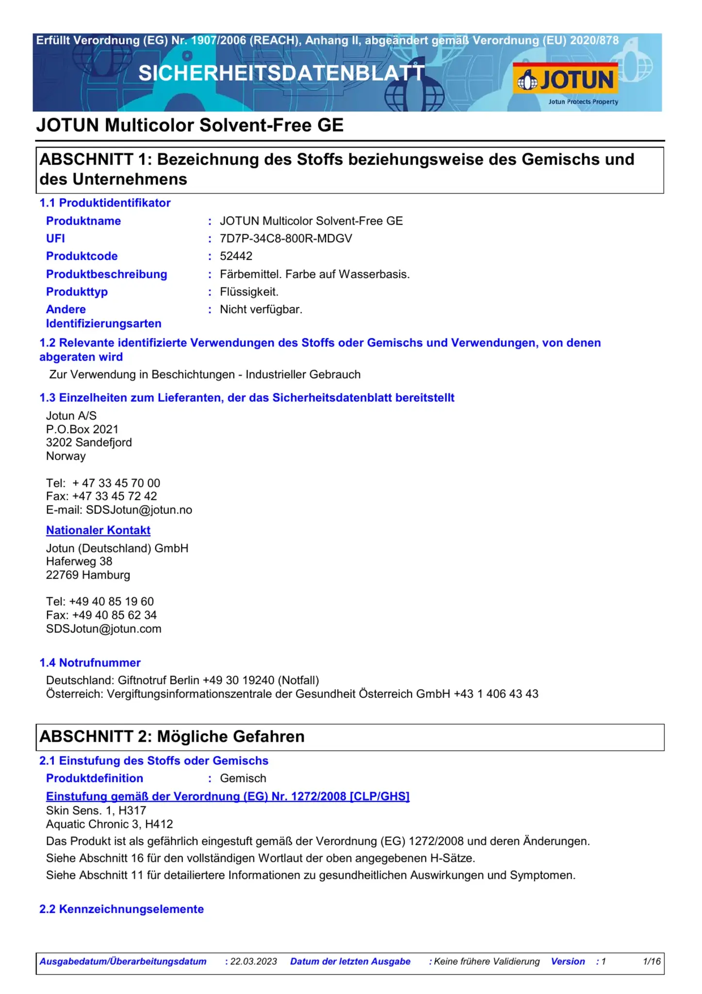 Sicherheitsdatenblatt Jotun Multicolor Colorants Seite 1