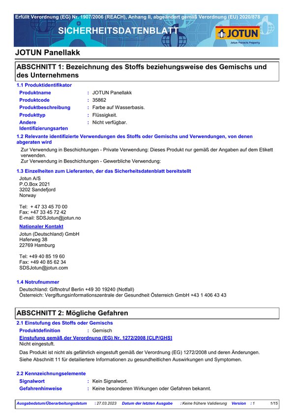 Panellakk — Sicherheitsdatenblatt