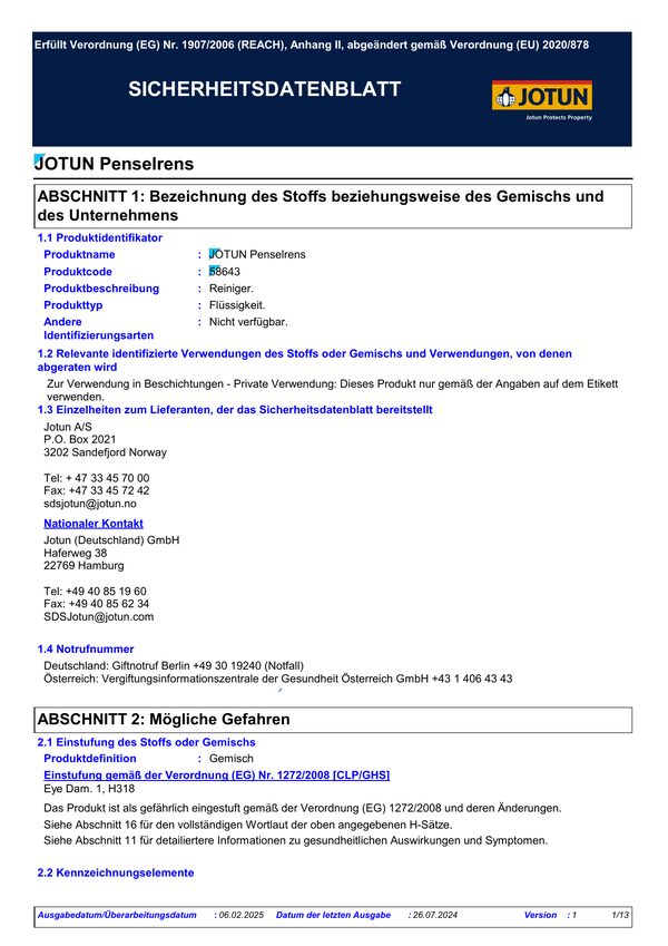 Penselrens — Sicherheitsdatenblatt