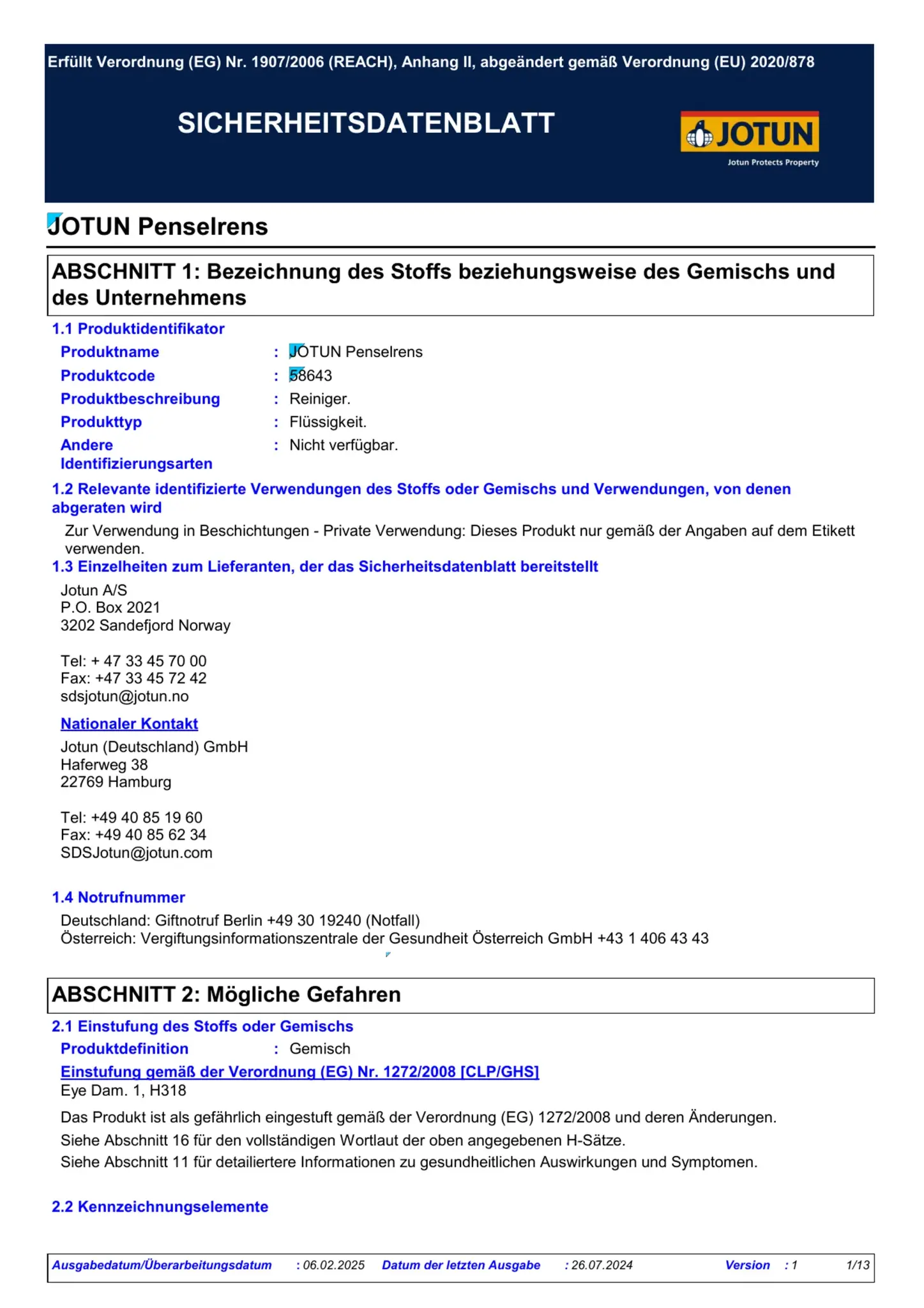 Sicherheitsdatenblatt Jotun Penselrens Seite 1