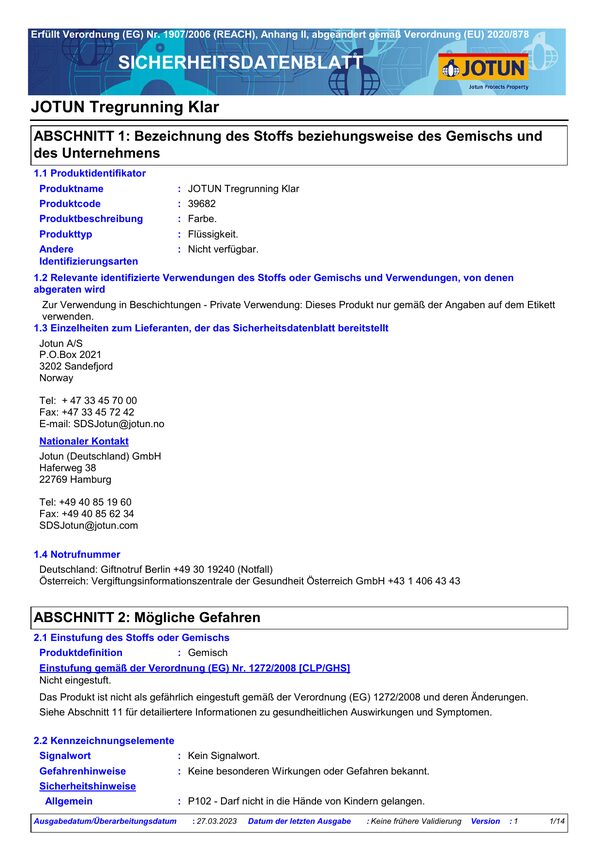 Tregrunning Klar — Sicherheitsdatenblatt