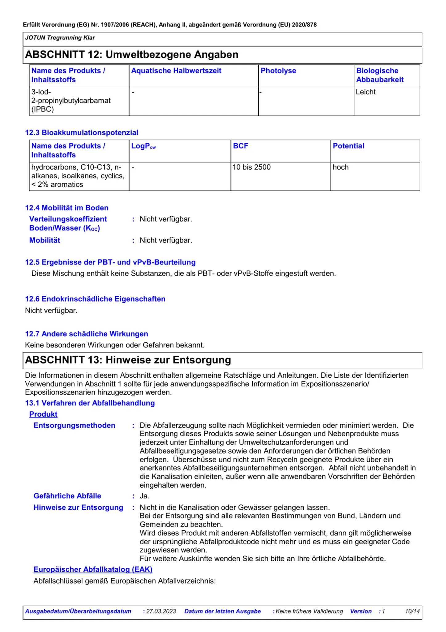 Sicherheitsdatenblatt Jotun Tregrunning Klar Seite 10