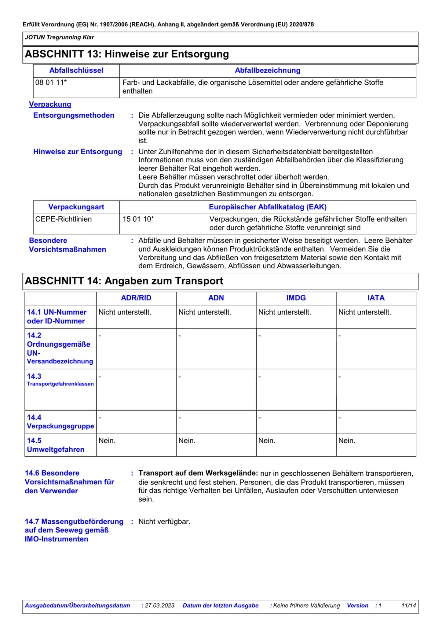 Sicherheitsdatenblatt Jotun Tregrunning Klar Seite 11