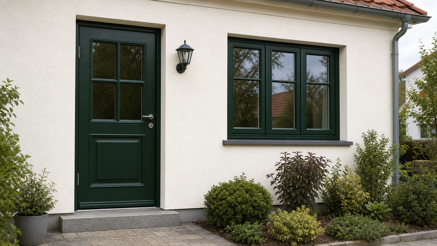 Dunkelgrün gestrichene Holzfenster und Außentür an einem deutschen Wohnhaus