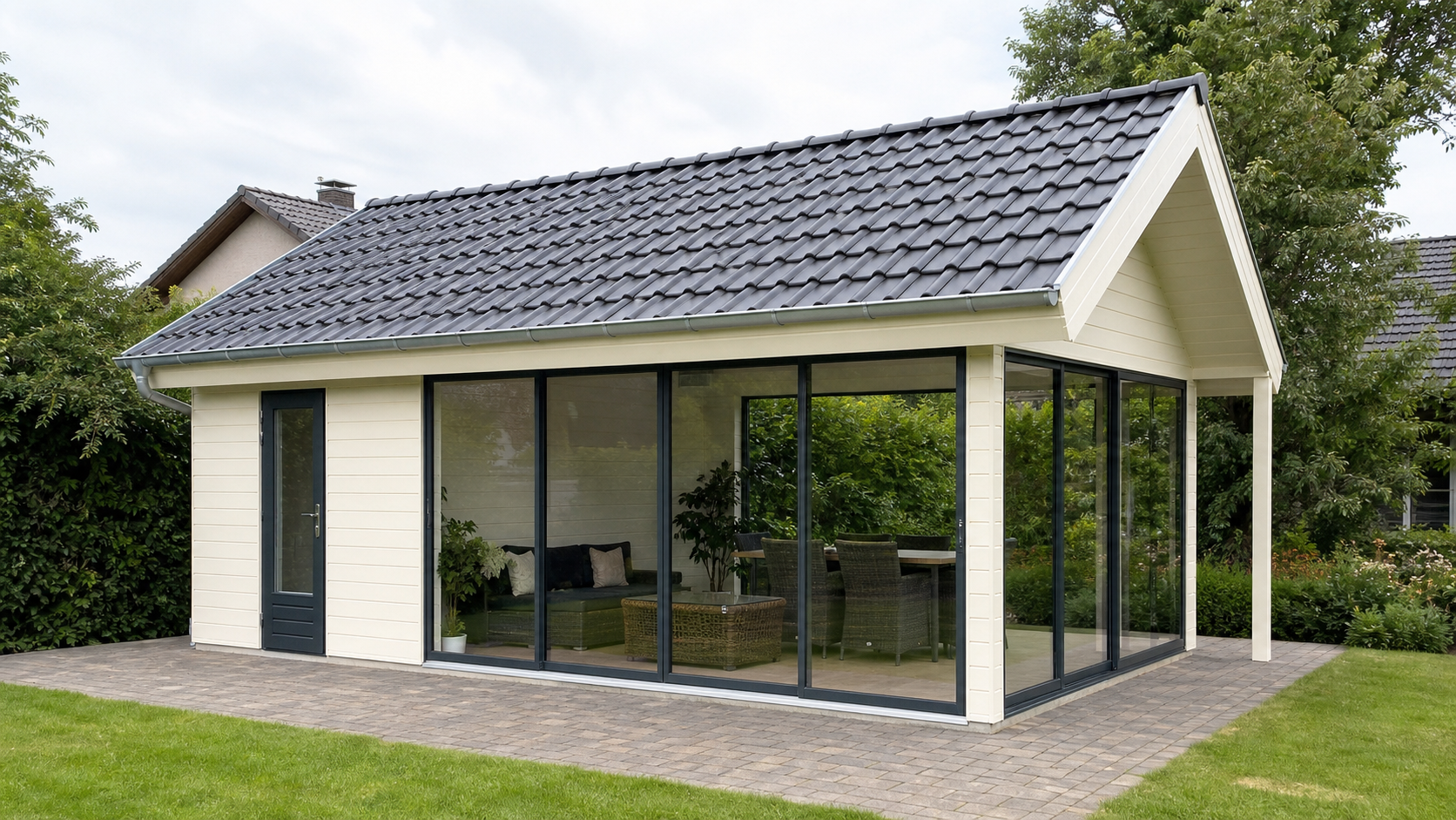 Modernes weiß gestrichenes Douglas-Gartenhaus mit Glasfront und anthrazitfarbenen Details