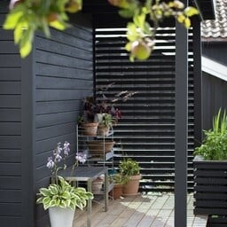 Schwarz gestrichener Sichtschutz aus Holz mit Terrasse und Kübelpflanzen im Garten