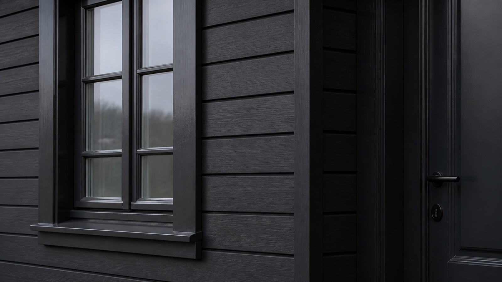 Dunkle Holzfassade matt gestrichen, Fensterrahmen und Haustür im selben Ton seidenglänzend