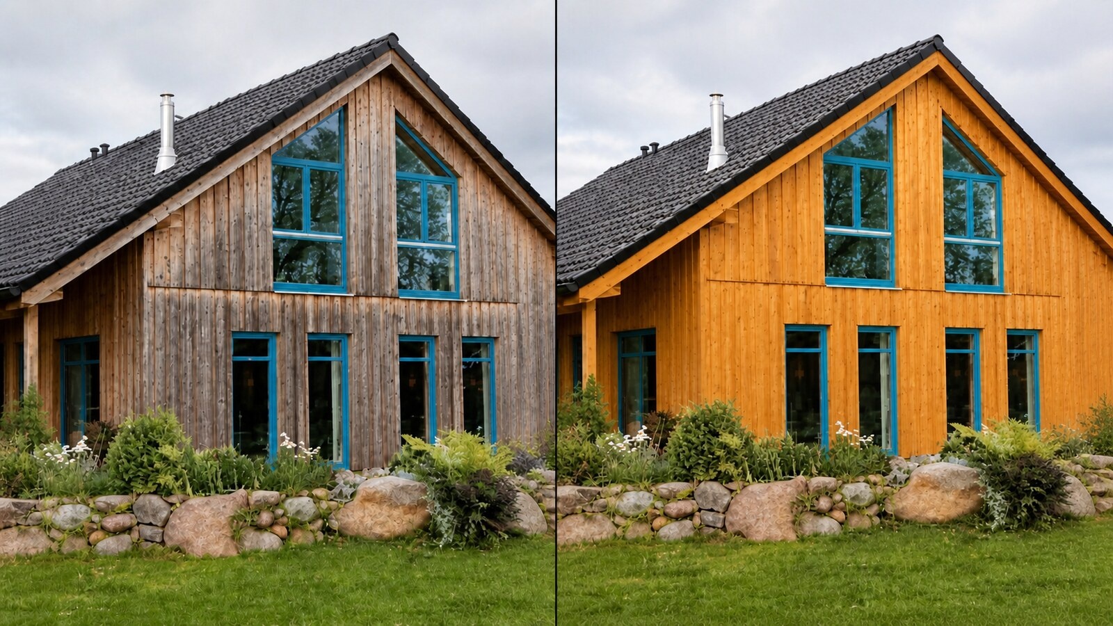 Holzfassade links ausgeblichen und geschlossen wirkend, rechts wieder mit dem Bild einer Lasur