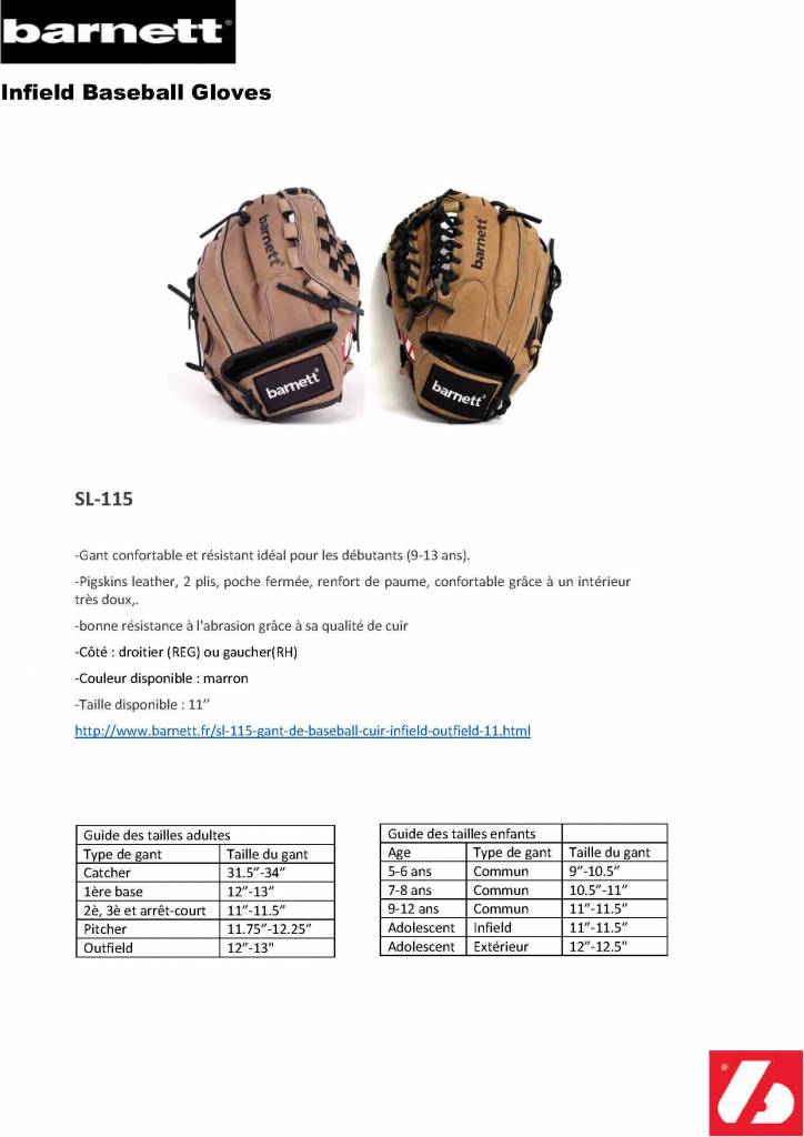 SL-115 gant de baseball cuir infield/outfield 11", marron