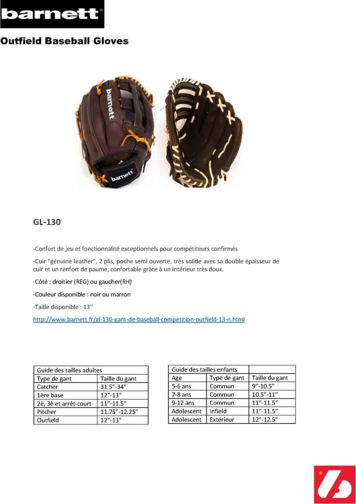 GL-130 gant de baseball, compétition, outfield 13", marron