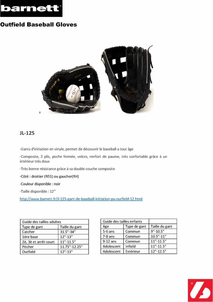 JL-125 gant de baseball initiation PU outfield 12', noir