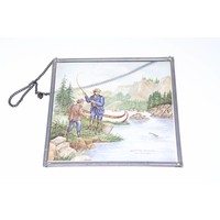 Currier & Ives salmon fishing stained glass | 16x16cm