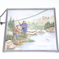 Currier & Ives salmon fishing stained glass | 16x16cm