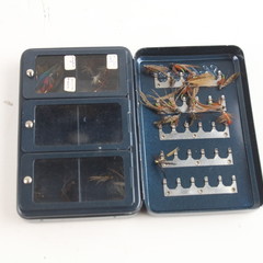 Shakespeare norris fly box filled with more than 25 small streamers