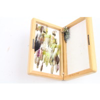 Wooden fly box filled with more than 40 flies