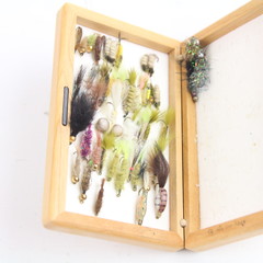 Wooden fly box filled with more than 40 flies