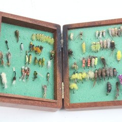 Wooden fly box filled with more than 70 nymphs