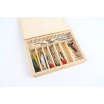 Wooden tacklebox filled with vintage spinners