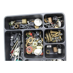 Box filled with divers spinning reel parts