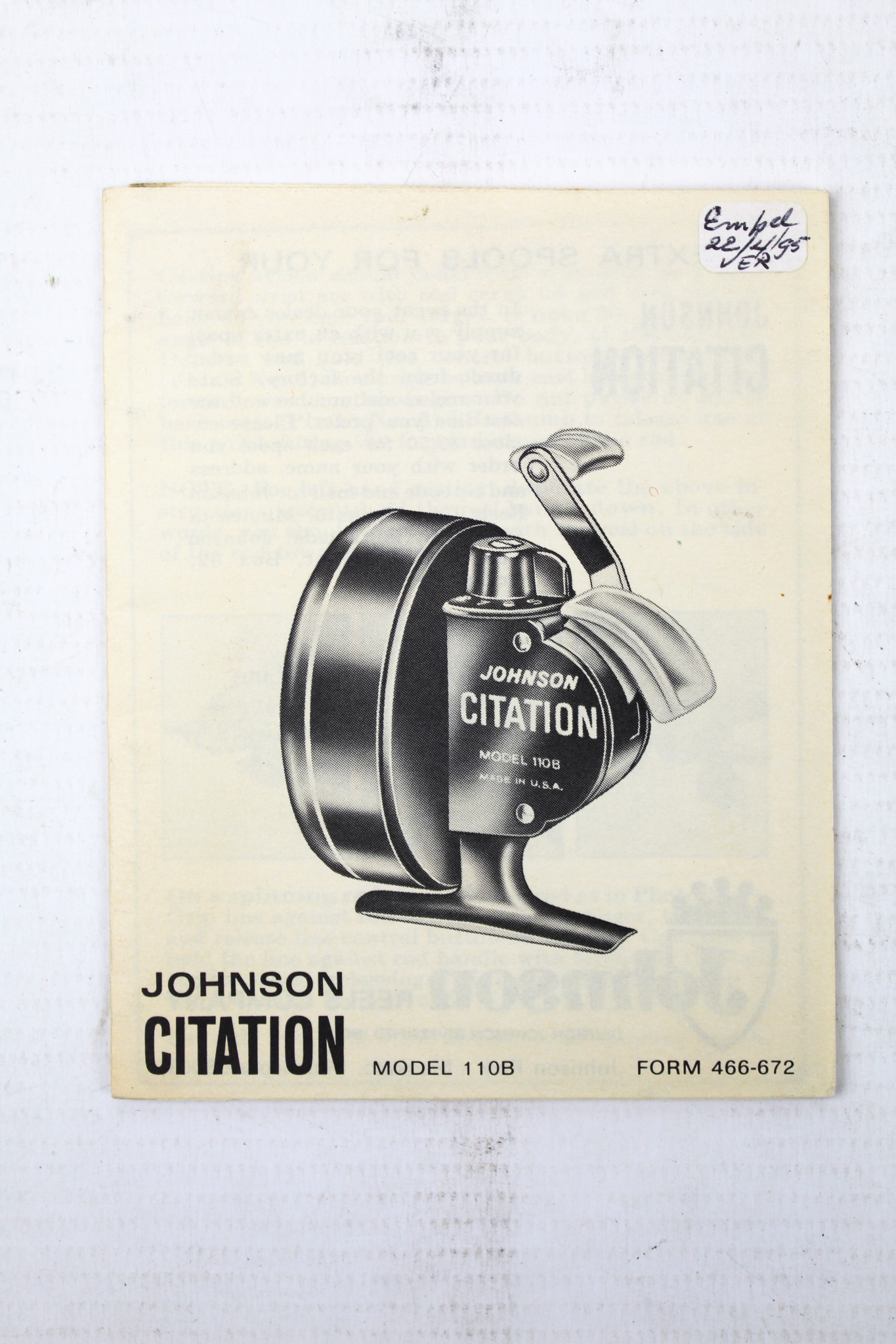 Johnson citation model 110B spinning reel parts book CV Fishing