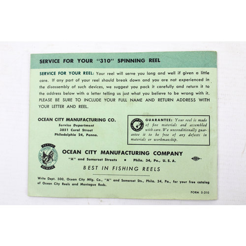 Ocean City "310" spinning reel molen onderhoud en garantie boekje