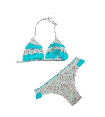 bikini met roze bloemetjes en turquoise ruches