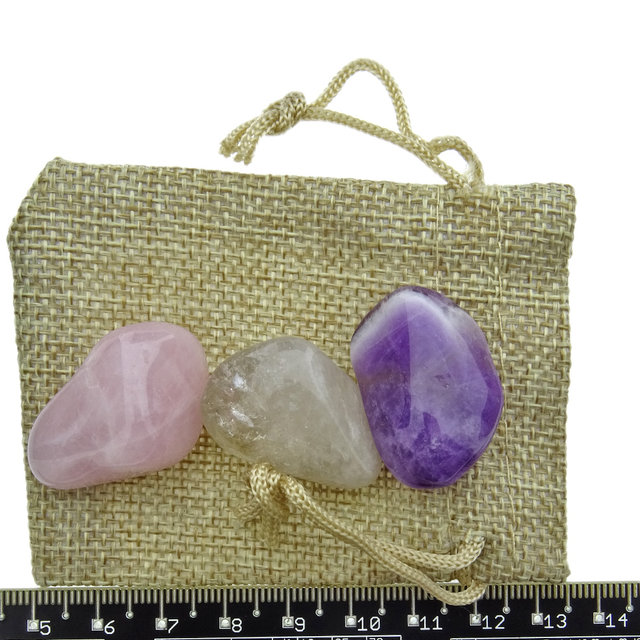 Golden triangle, amethyst, rose quartz and rock crystal.