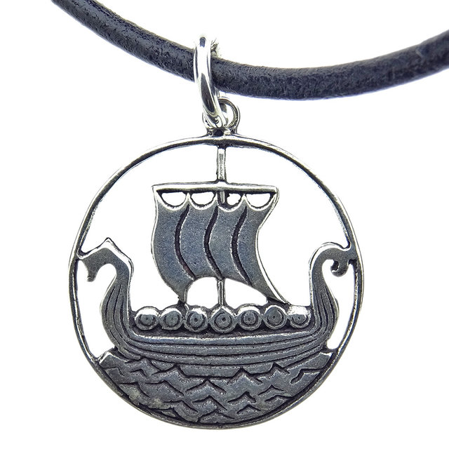 Beautiful silver pendant viking ship with leather cord Beautiful silver pendant viking ship with leather cord